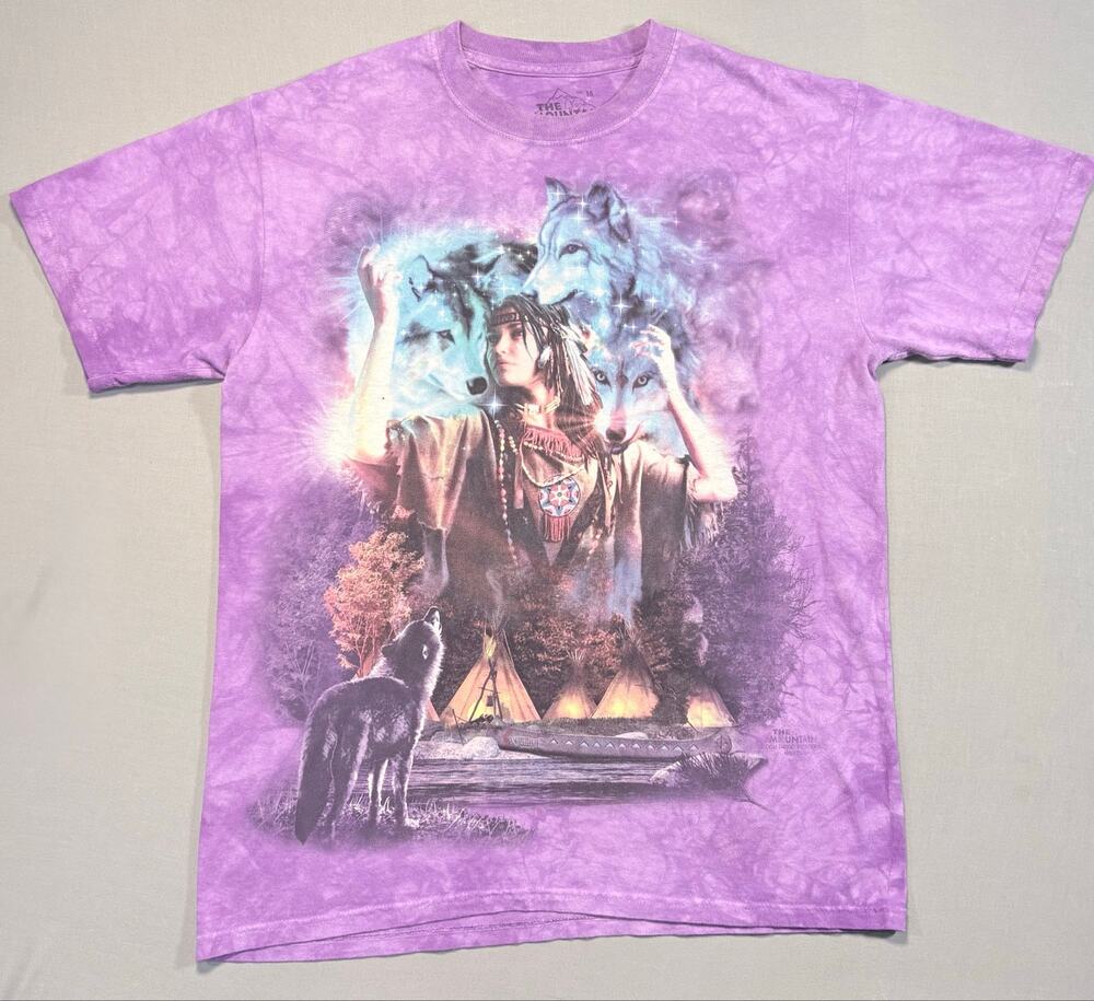 The Mountain Native American Wolf Graphic T Shirt Purple Tie Dye Size Medium